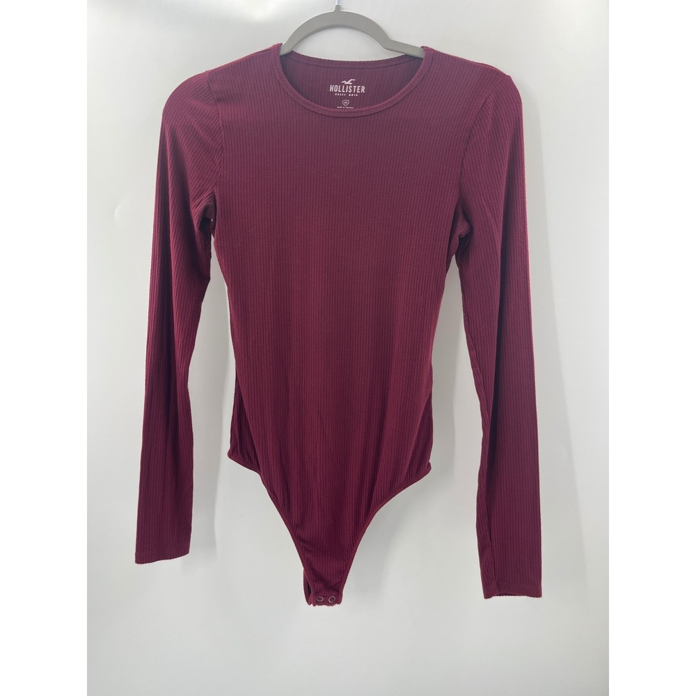Hollister Womens Ribbed Long Sleeve‎ Bodysuit Burgundy Maroon Crew Neck Size M